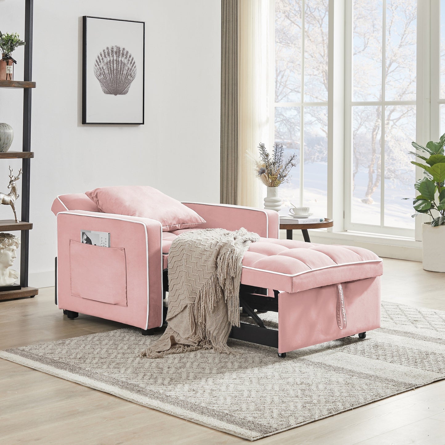 Canapé-lit simple 3 en 1 en velours rose moderne 35,43 cm avec dossier réglable et poche pour le salon