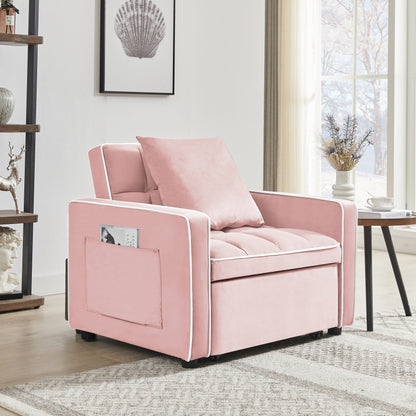 Canapé-lit simple 3 en 1 en velours rose moderne 35,43 cm avec dossier réglable et poche pour le salon