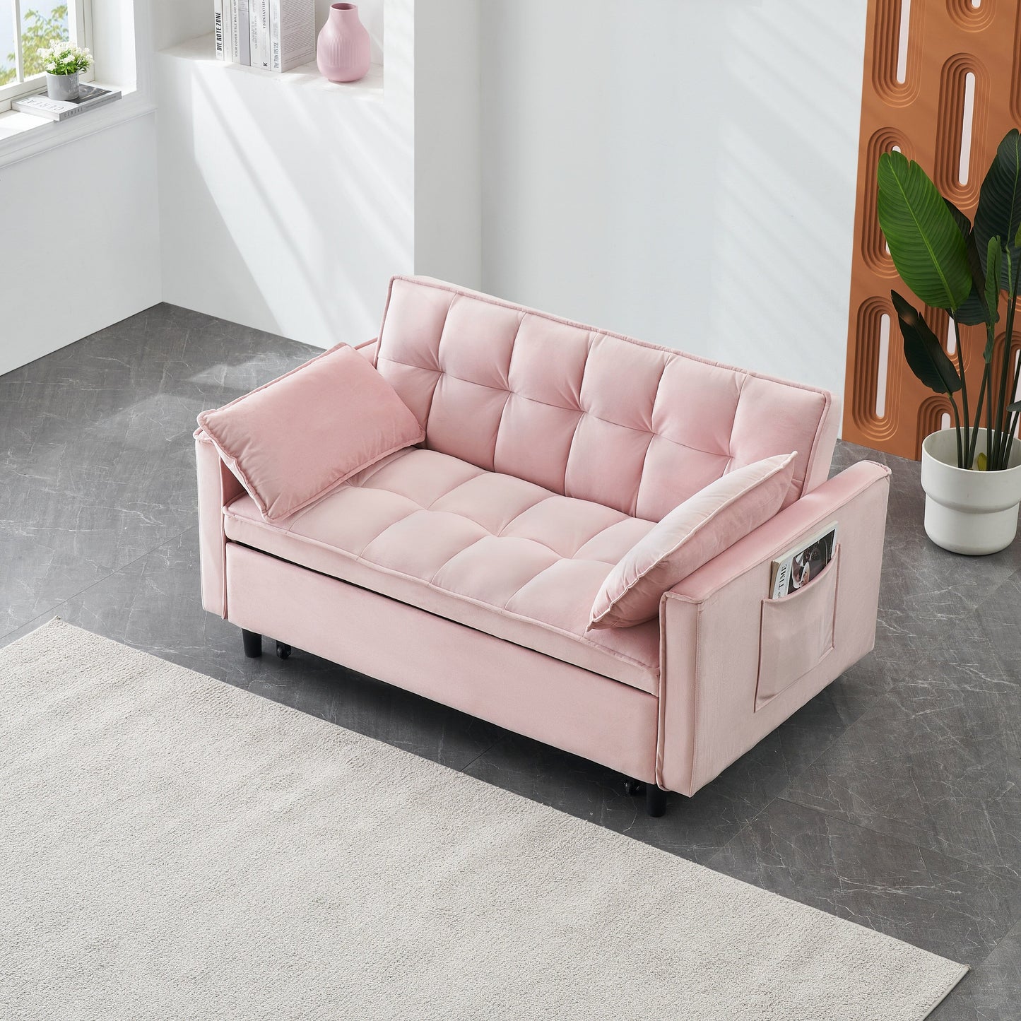 Canapé-lit convertible 3 en 1 en velours rose moderne 55 avec dossier et oreillers pour le salon