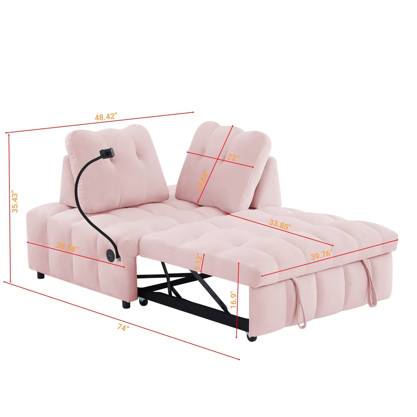 Canapé-lit gigogne en velours rose moderne 74 avec dossier amovible, port USB et support de téléphone pivotant