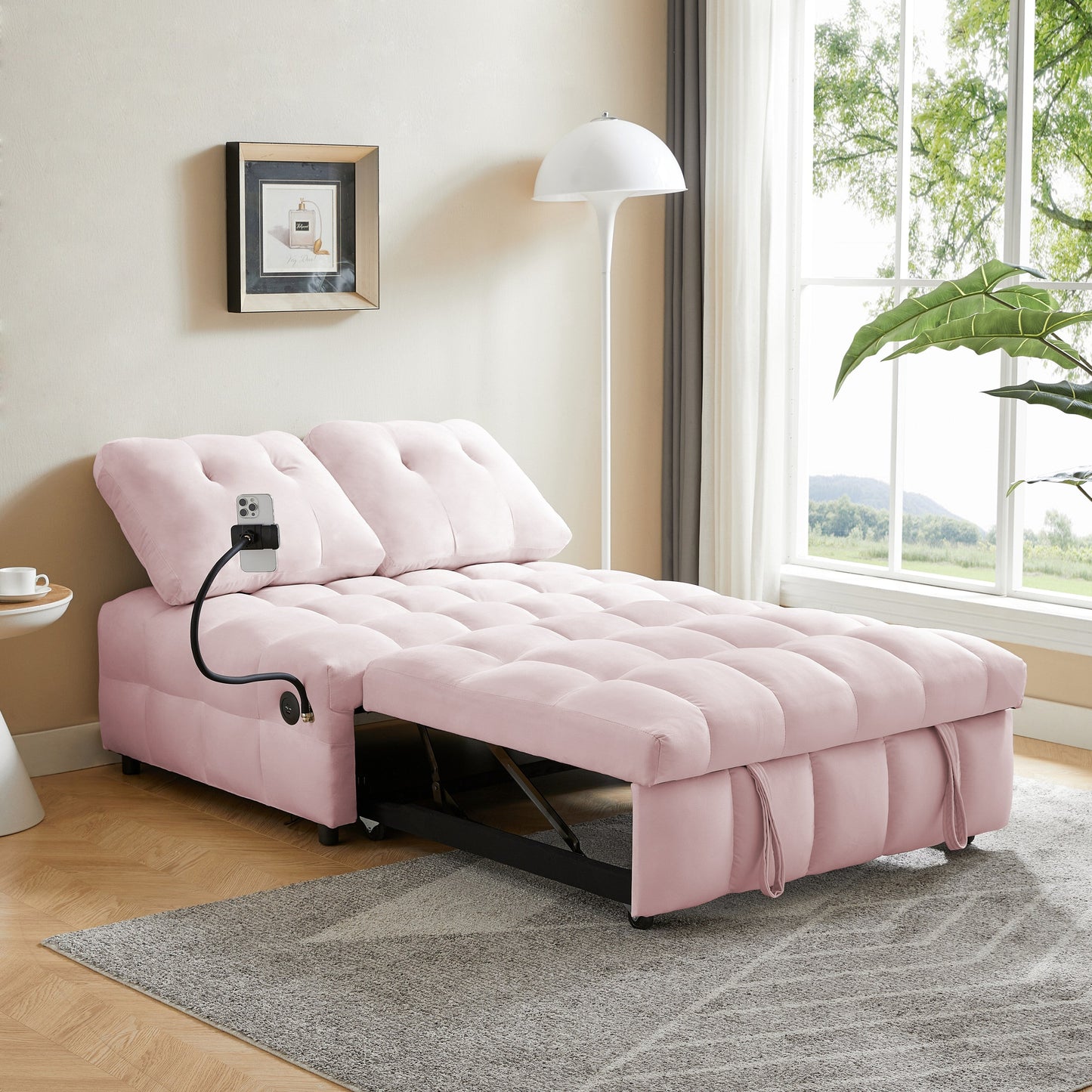 Canapé-lit gigogne en velours rose moderne 74 avec dossier amovible, port USB et support de téléphone pivotant