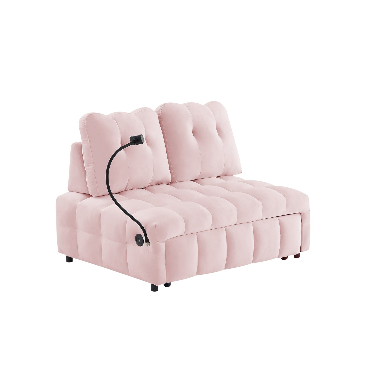 Canapé-lit gigogne en velours rose moderne 74 avec dossier amovible, port USB et support de téléphone pivotant