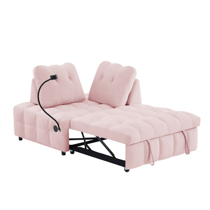 Canapé-lit gigogne en velours rose moderne 74 avec dossier amovible, port USB et support de téléphone pivotant