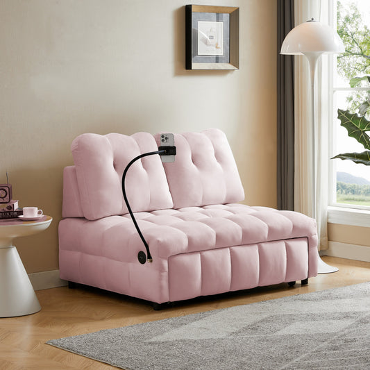 Canapé-lit gigogne en velours rose moderne 74 avec dossier amovible, port USB et support de téléphone pivotant