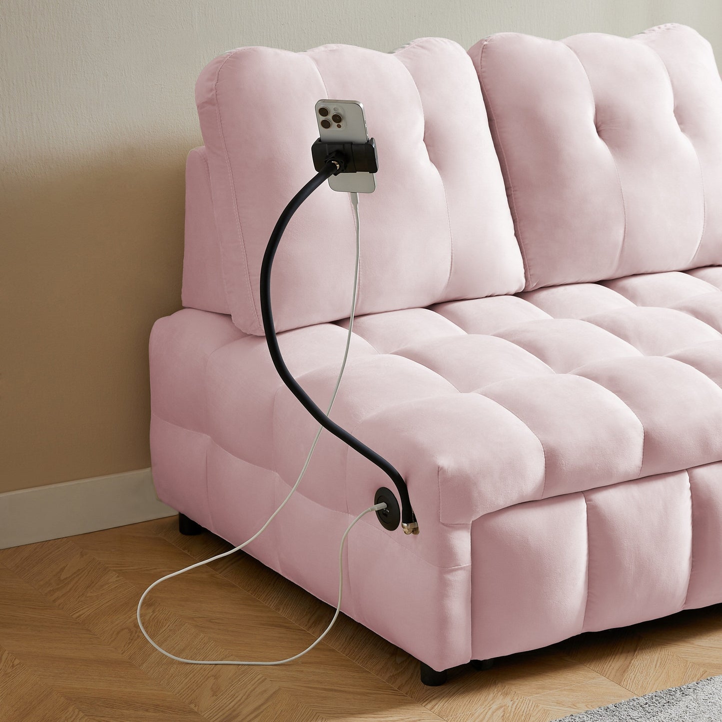 Canapé-lit gigogne en velours rose moderne 74 avec dossier amovible, port USB et support de téléphone pivotant