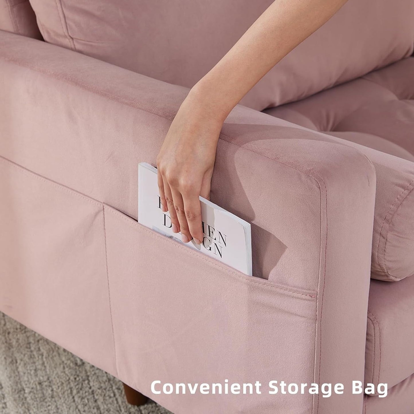 Canapé moderne en tissu rose de 74 pouces avec poches de rangement et coussin en mousse