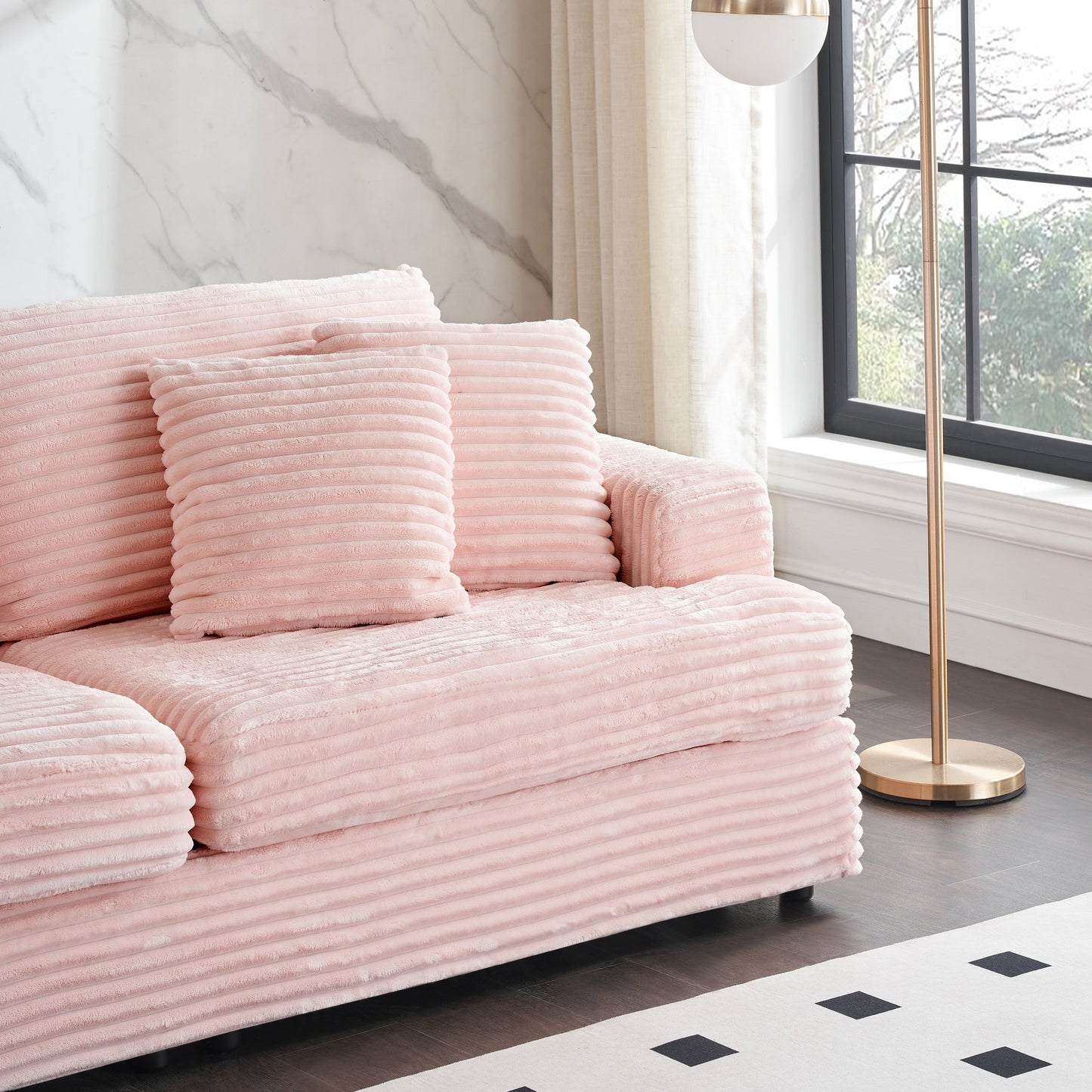 Canapé 3 places en velours côtelé rose moderne 79.3 avec 4 coussins assortis et coussin à ressorts individuel pour le salon