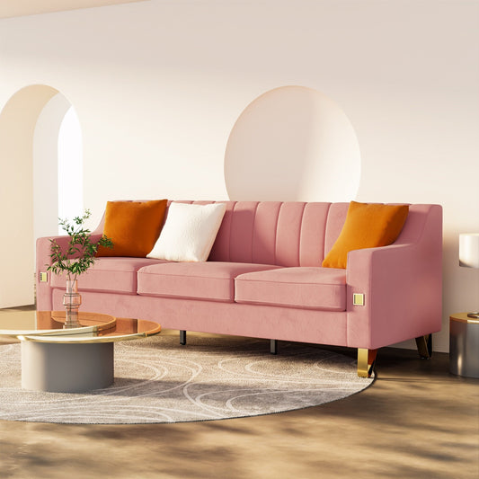 Canapé 3 places en velours rose moderne 81,89 $ avec touches dorées et coussins moelleux pour le salon