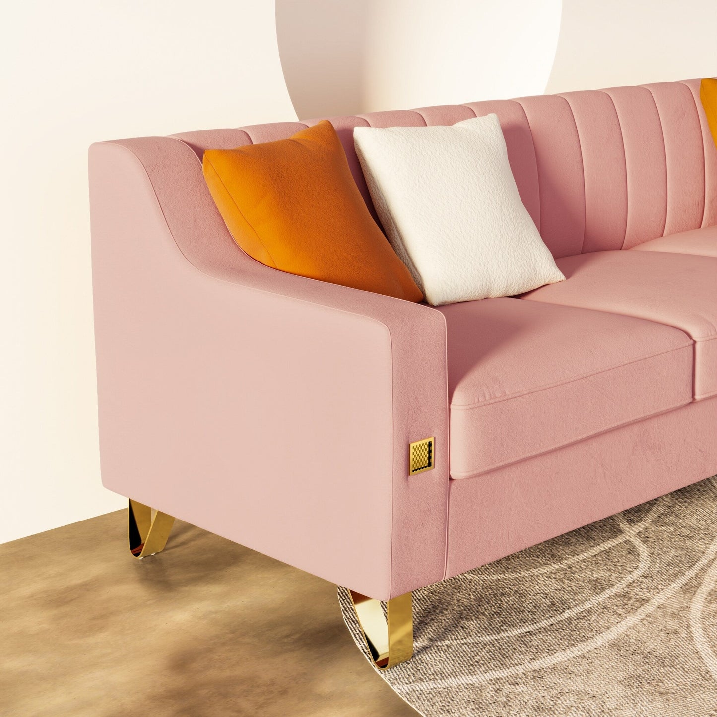 Canapé 3 places en velours rose moderne 81,89 $ avec touches dorées et coussins moelleux pour le salon