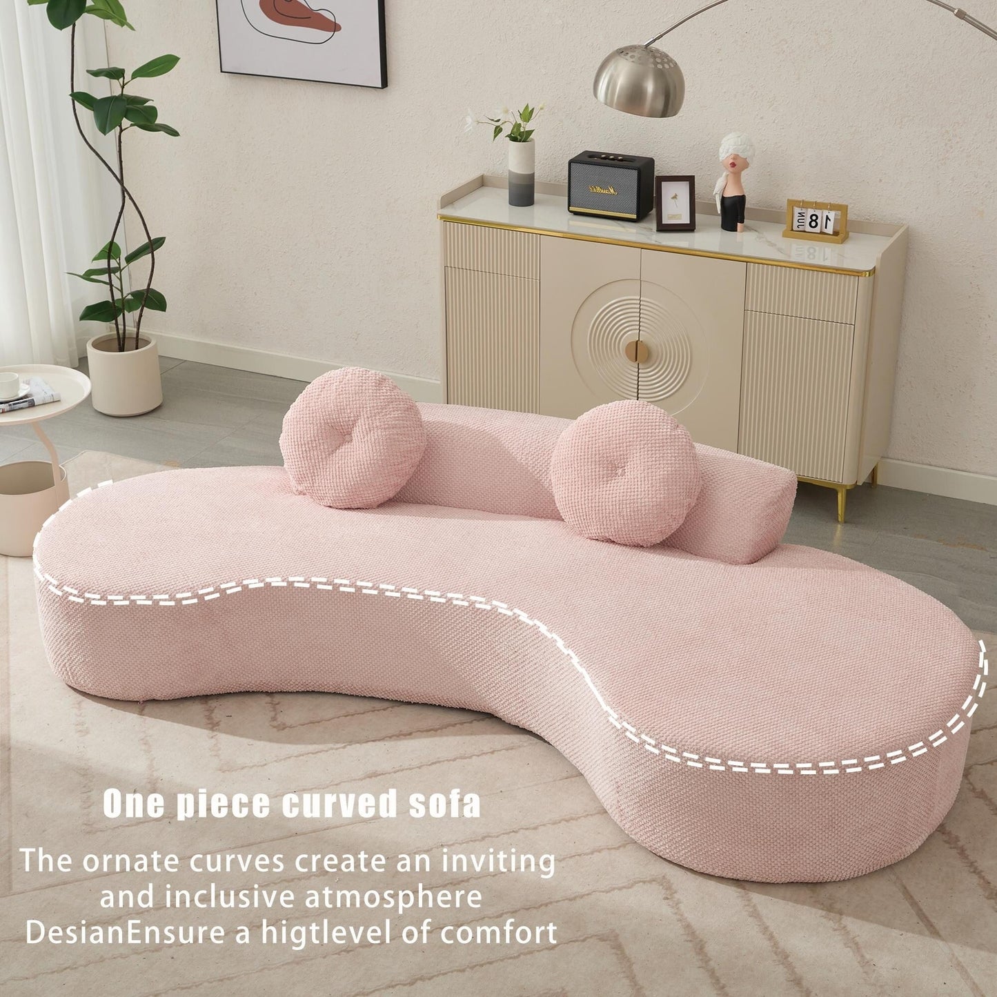 Canapé nuage rose moderne minimaliste 105,5 en velours côtelé incurvé avec 2 coussins, aucun assemblage requis