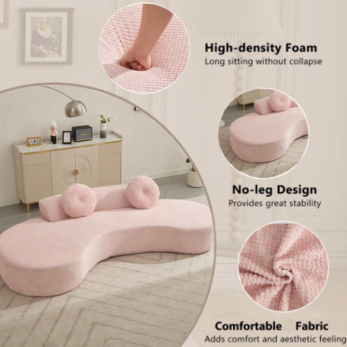 Canapé nuage rose moderne minimaliste 105,5 en velours côtelé incurvé avec 2 coussins, aucun assemblage requis