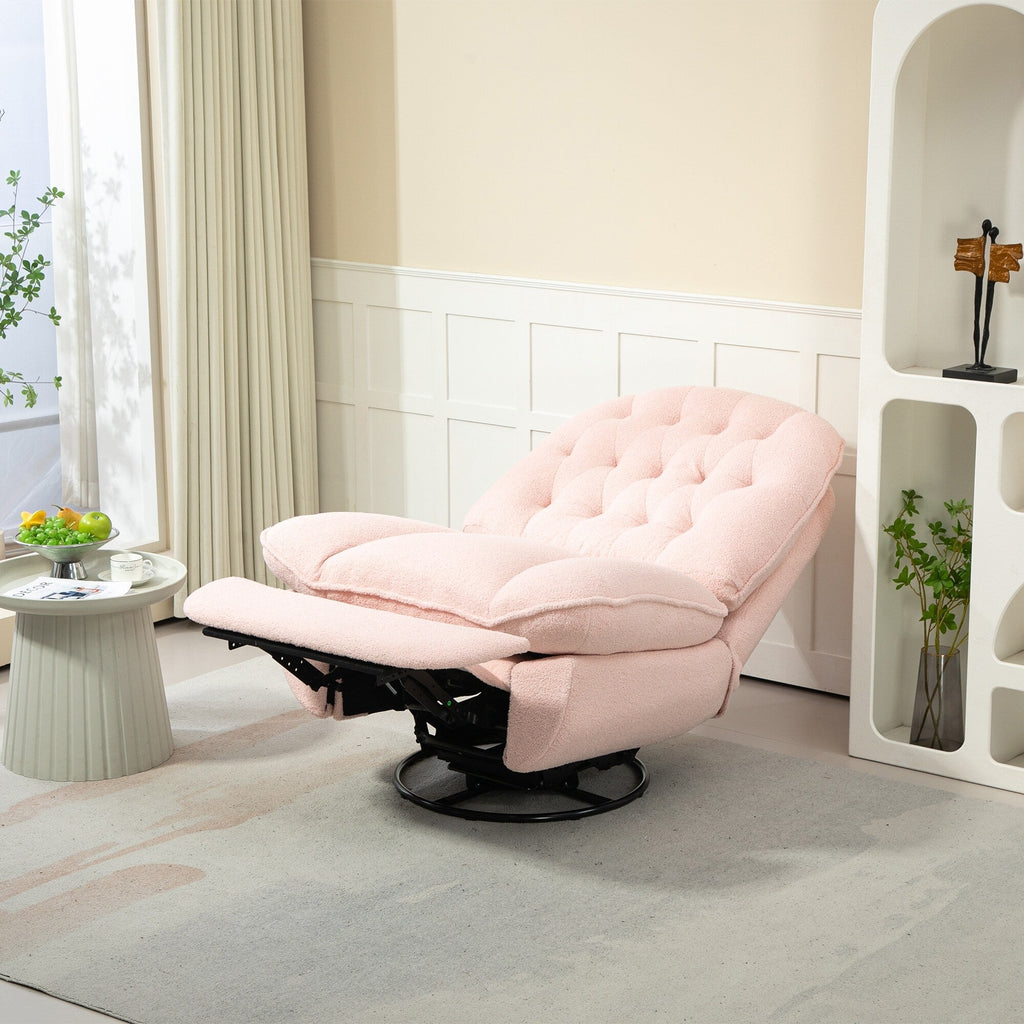 Fauteuil inclinable manuel pivotant à 360°, rembourré en chenille rose surdimensionnée, avec repose-pieds allongé et dossier capitonné