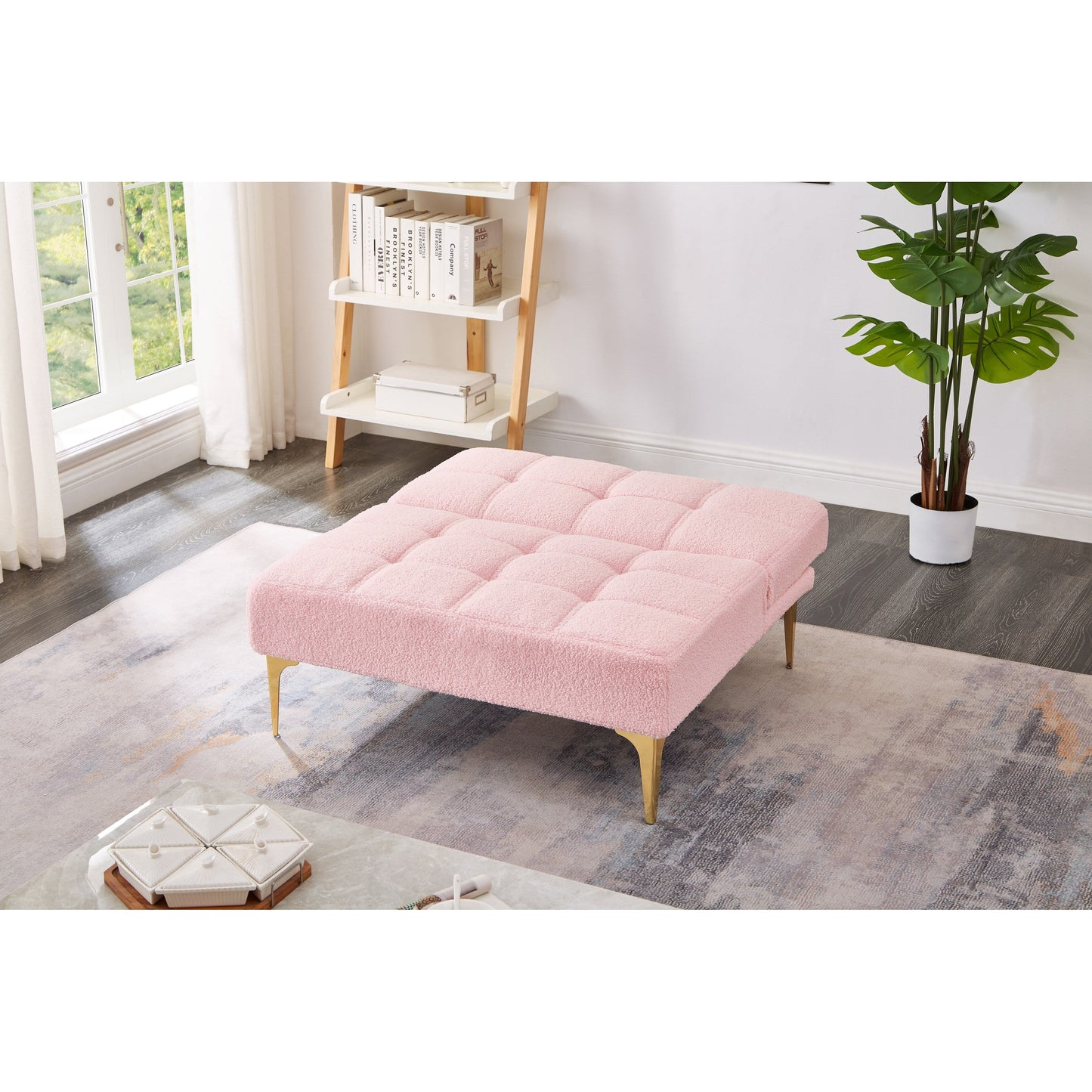 Canapé-lit simple modulaire en chenille rose avec cadre en bois massif pour salon
