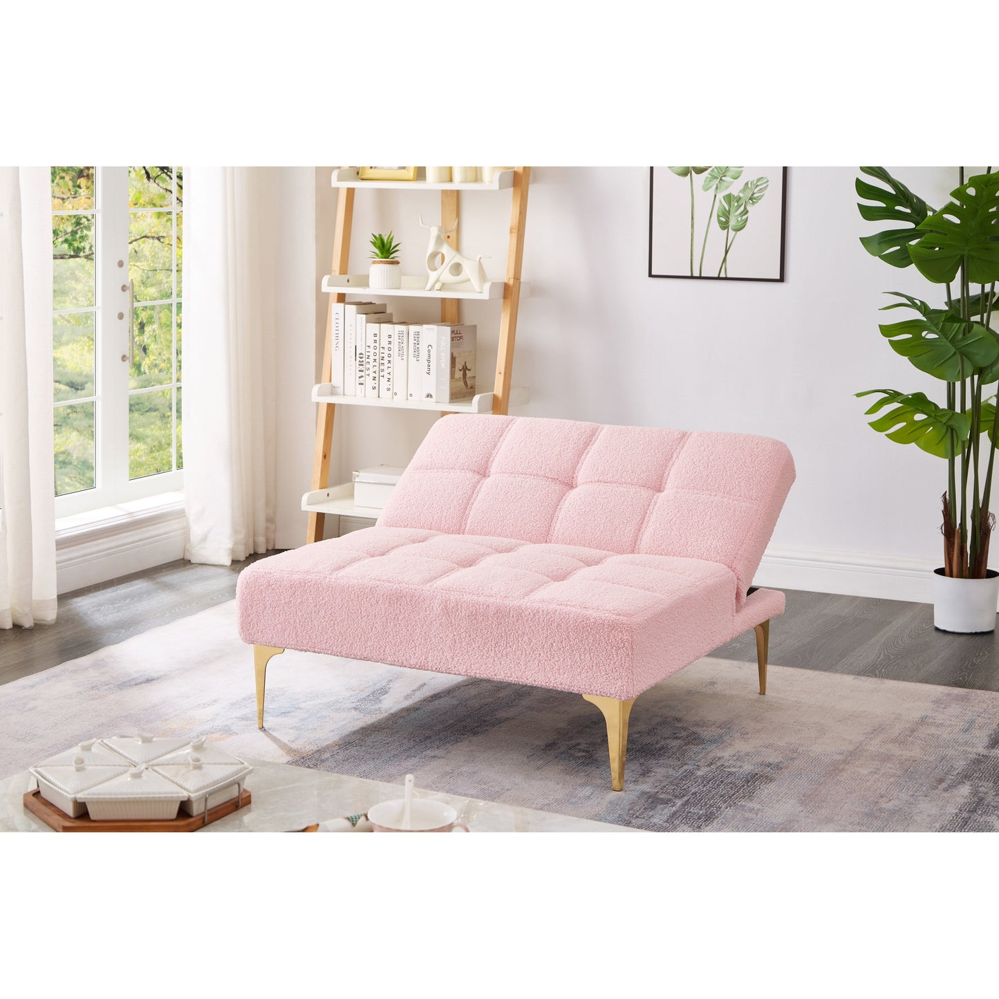 Canapé-lit simple modulaire en chenille rose avec cadre en bois massif pour salon