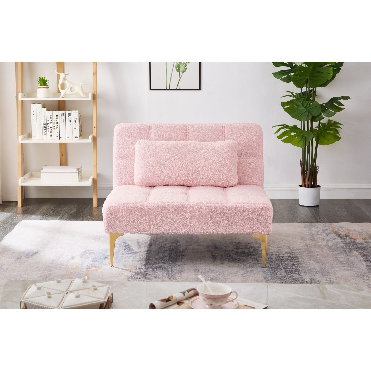 Canapé-lit simple modulaire en chenille rose avec cadre en bois massif pour salon