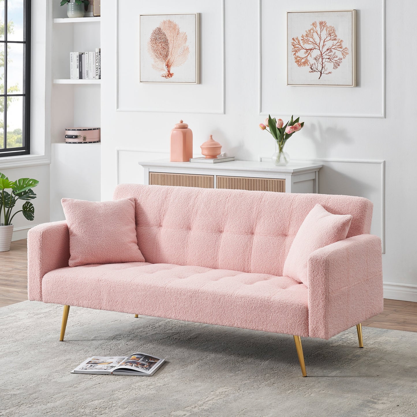Canapé-lit convertible en polaire rose Teddy