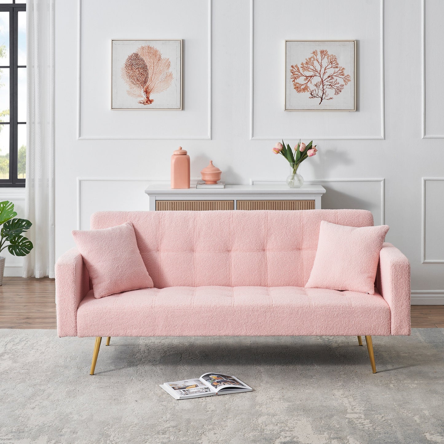 Canapé-lit convertible en polaire rose Teddy