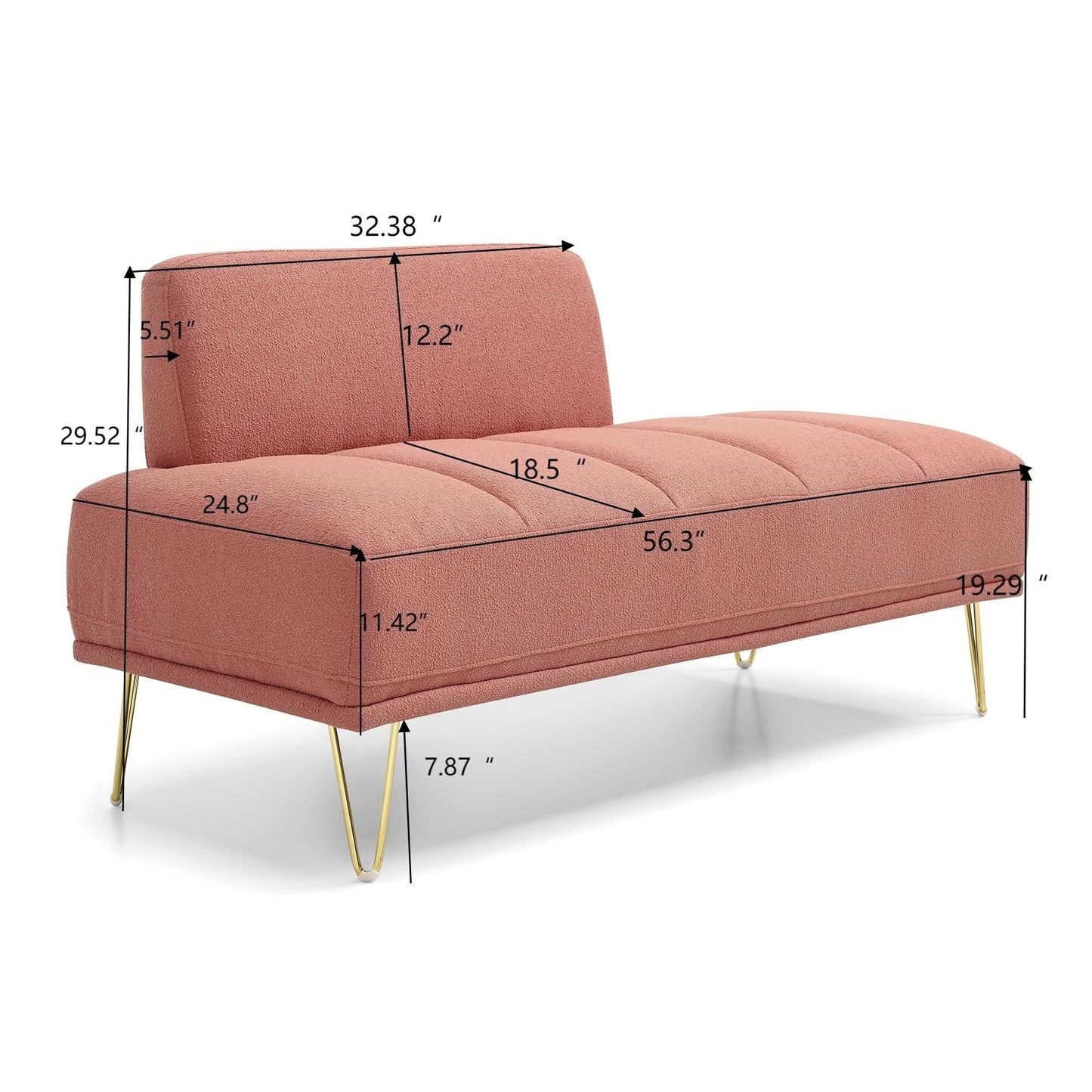 Banc causeuse rembourré rose avec pieds dorés