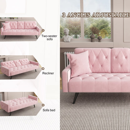 Canapé-lit 3 places en velours rose avec tête de clou et porte-gobelets