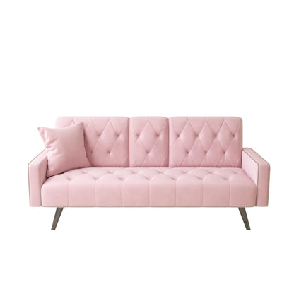 Canapé-lit 3 places en velours rose avec tête de clou et porte-gobelets