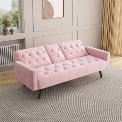 Canapé-lit 3 places en velours rose avec tête de clou et porte-gobelets