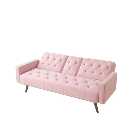 Canapé-lit 3 places en velours rose avec tête de clou et porte-gobelets