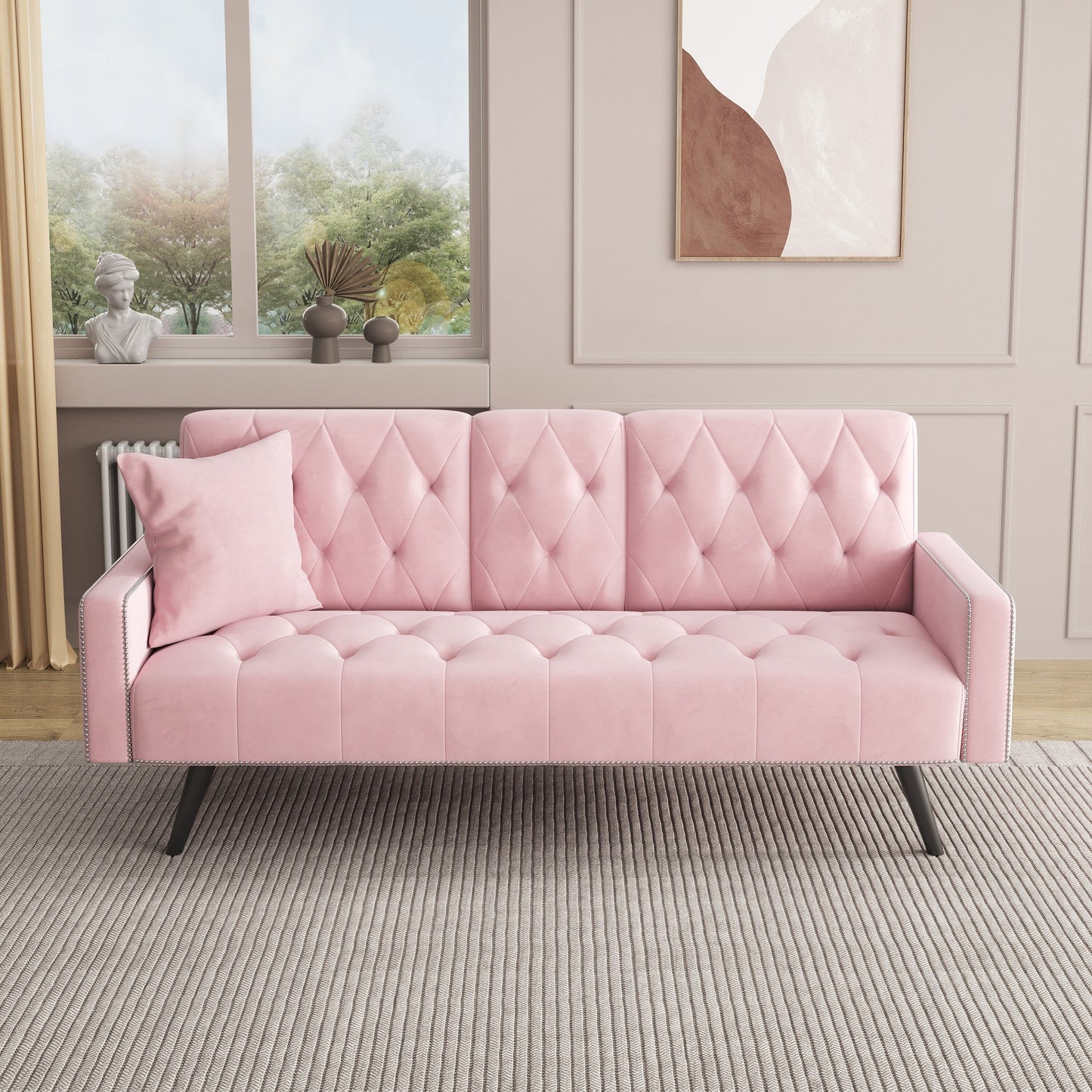 Canapé-lit 3 places en velours rose avec tête de clou et porte-gobelets