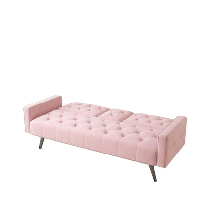 Canapé-lit 3 places en velours rose avec tête de clou et porte-gobelets
