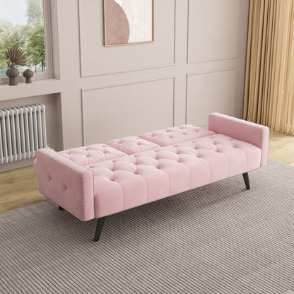 Canapé-lit 3 places en velours rose avec tête de clou et porte-gobelets