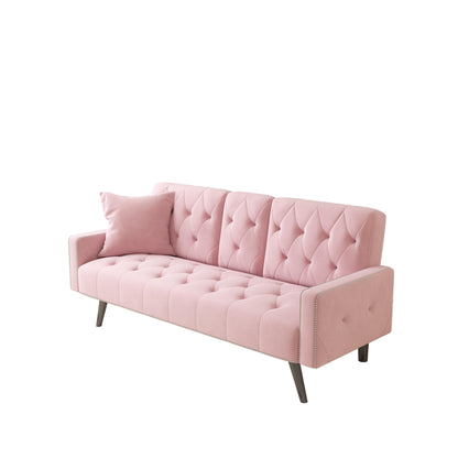 Canapé-lit 3 places en velours rose avec tête de clou et porte-gobelets