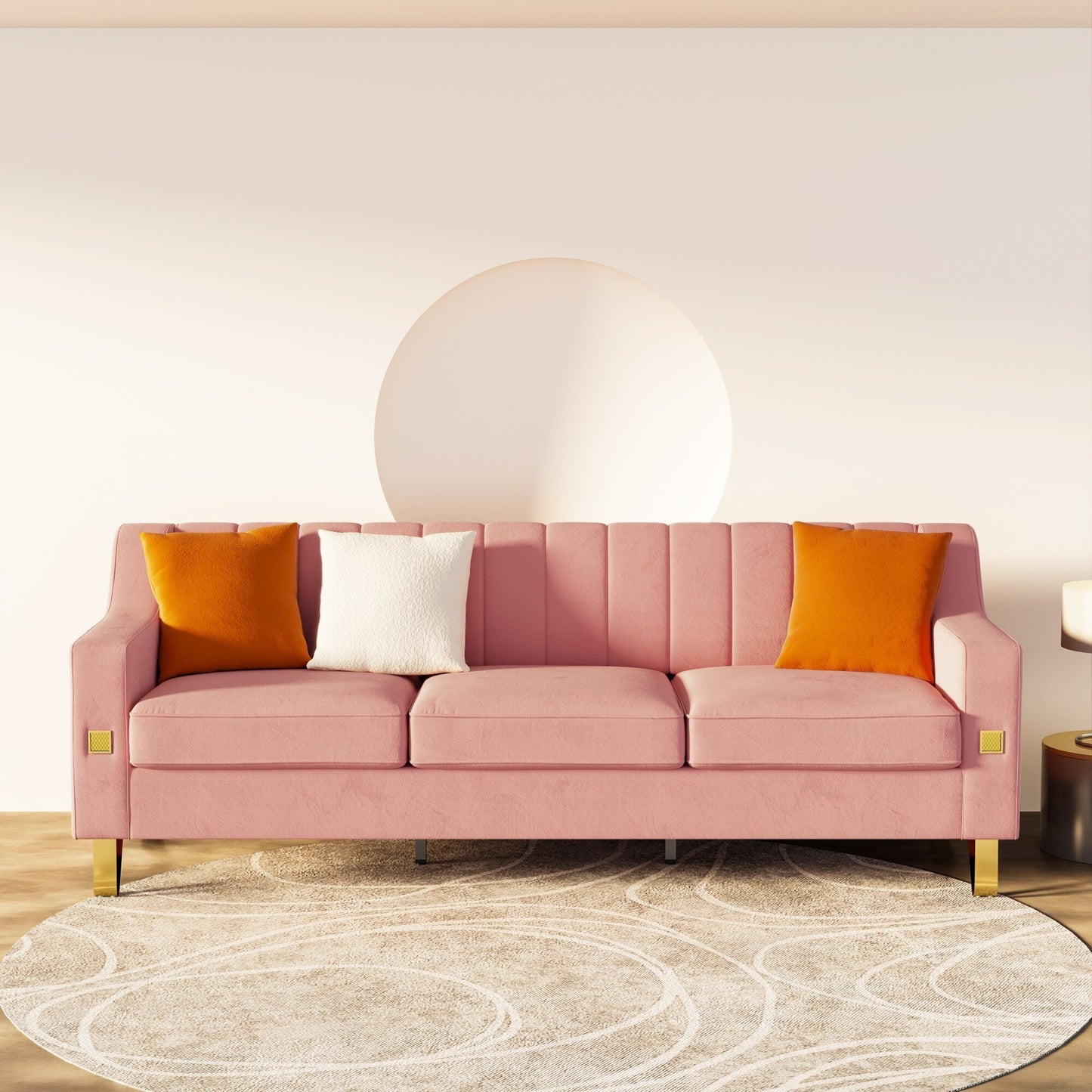 Canapé 3 places en velours rose avec touches dorées