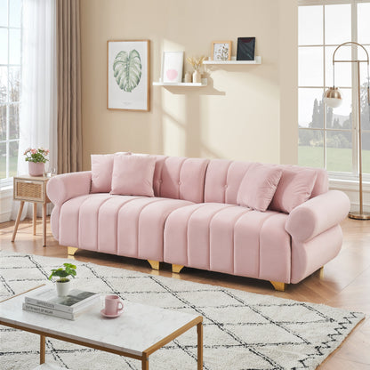 Canapé 3 places en velours rose avec coussins à ressorts
