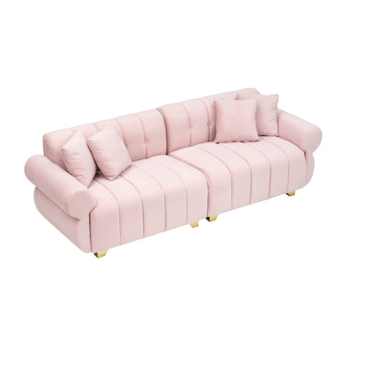 Canapé 3 places en velours rose avec coussins à ressorts