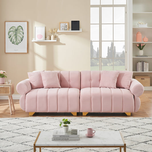 Canapé 3 places en velours rose avec coussins à ressorts