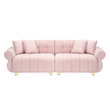 Canapé 3 places en velours rose avec coussins à ressorts