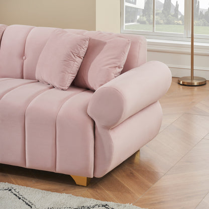 Canapé 3 places en velours rose avec coussins à ressorts