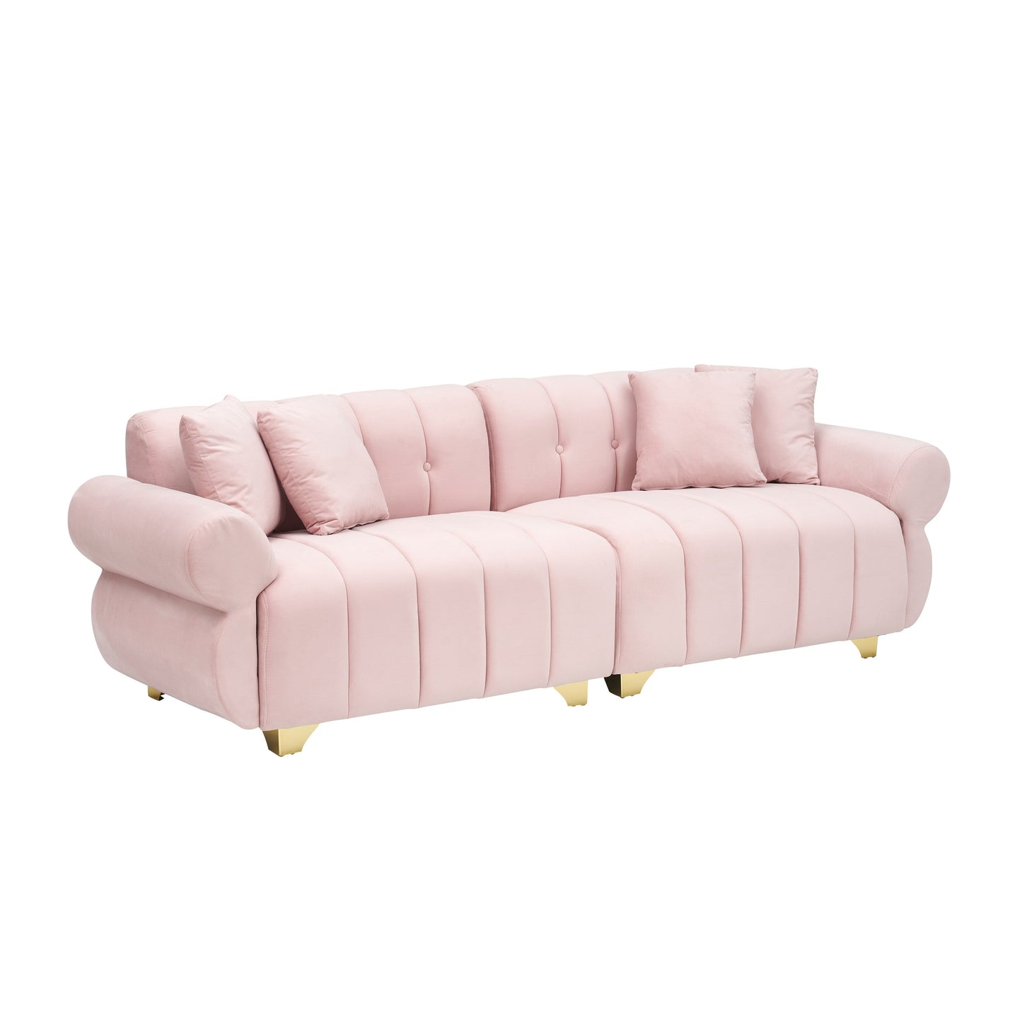 Canapé 3 places en velours rose avec coussins à ressorts