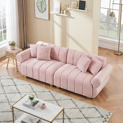 Canapé 3 places en velours rose avec coussins à ressorts