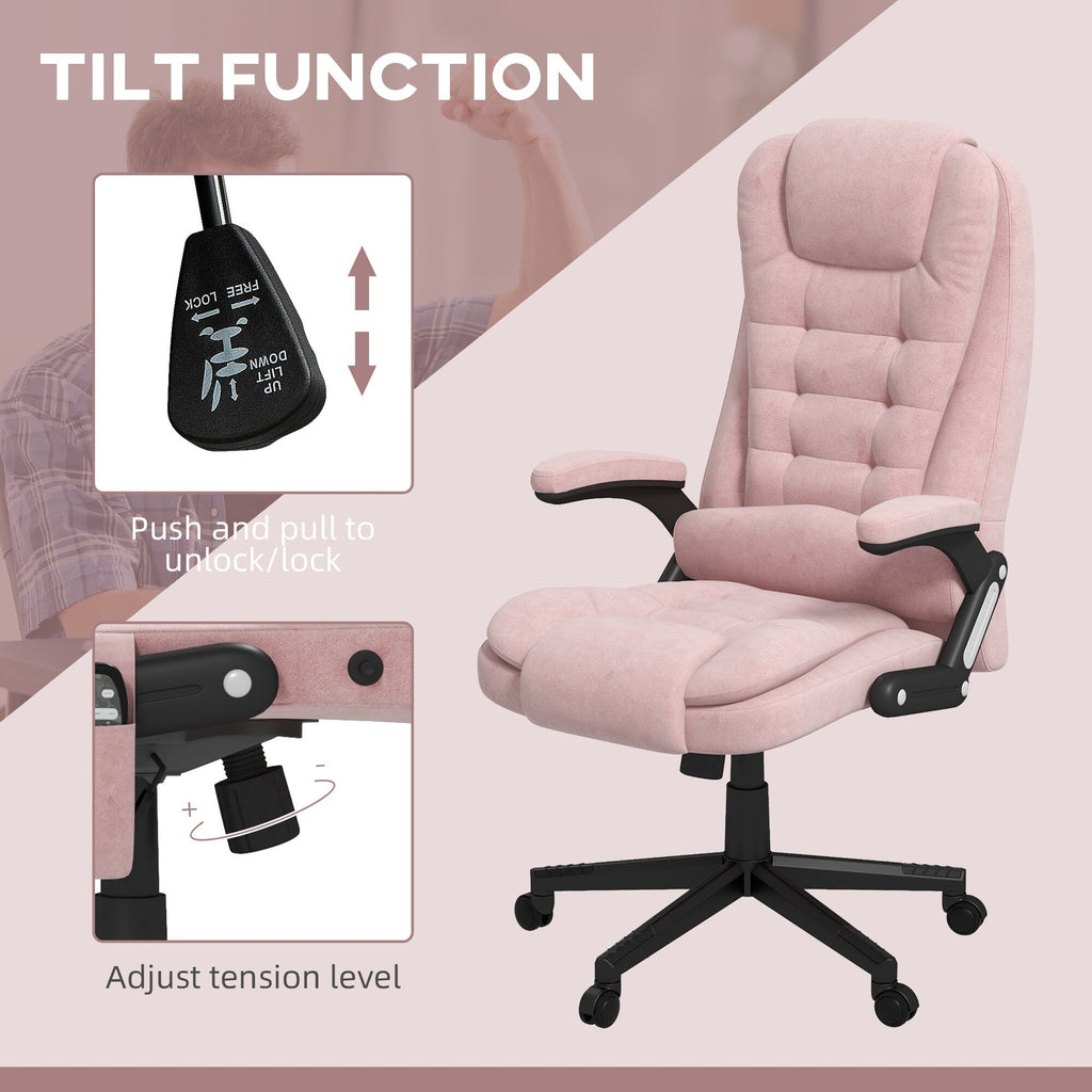 Fauteuil de bureau inclinable pivotant à 360° en velours rose avec massage par vibrations, chauffage lombaire et hauteur réglable