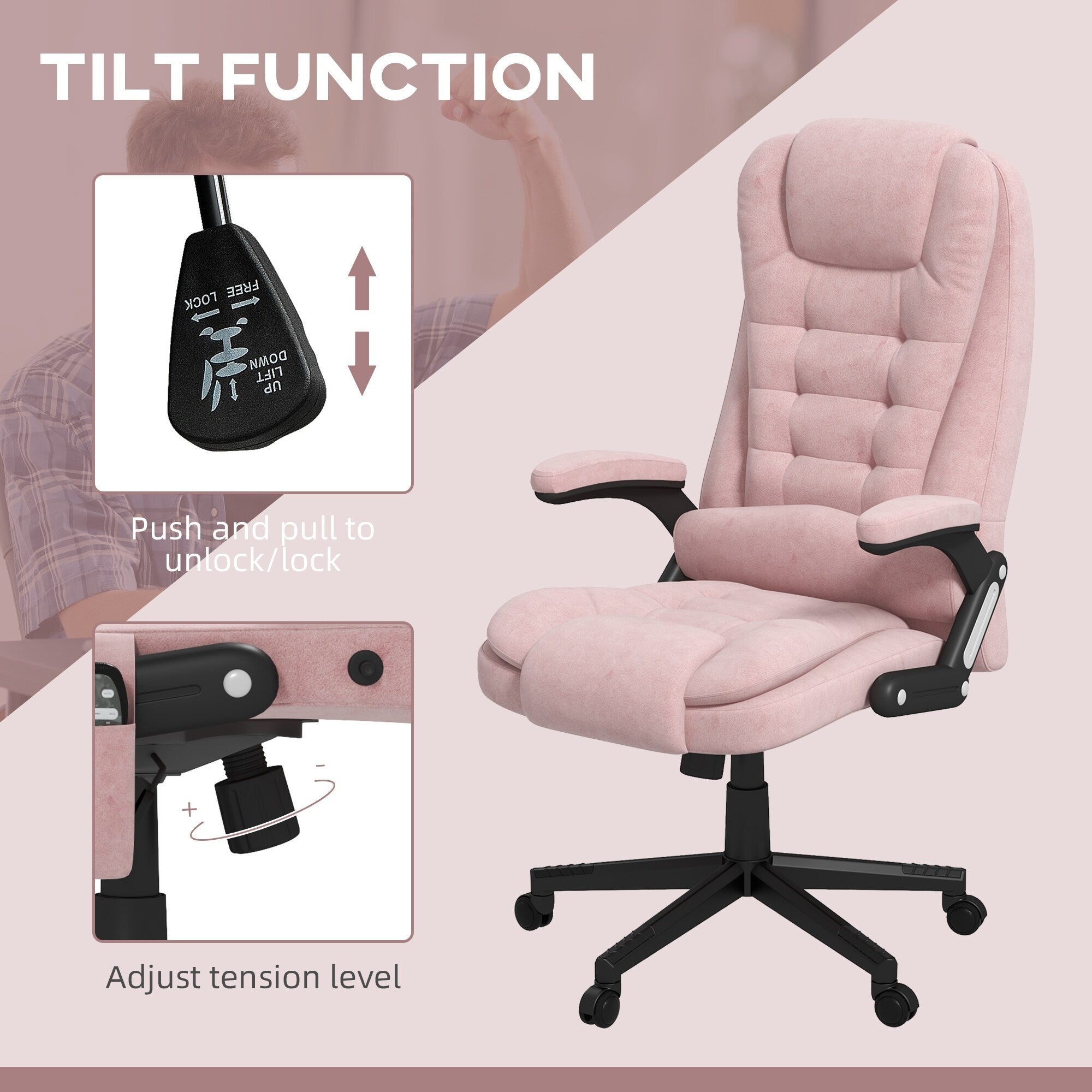 Fauteuil de bureau inclinable pivotant à 360° en velours rose avec massage par vibrations, chauffage lombaire et hauteur réglable
