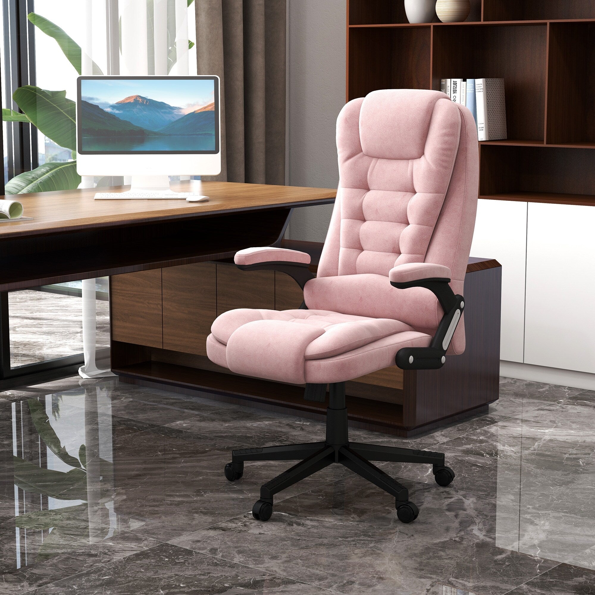 Fauteuil de bureau inclinable pivotant à 360° en velours rose avec massage par vibrations, chauffage lombaire et hauteur réglable