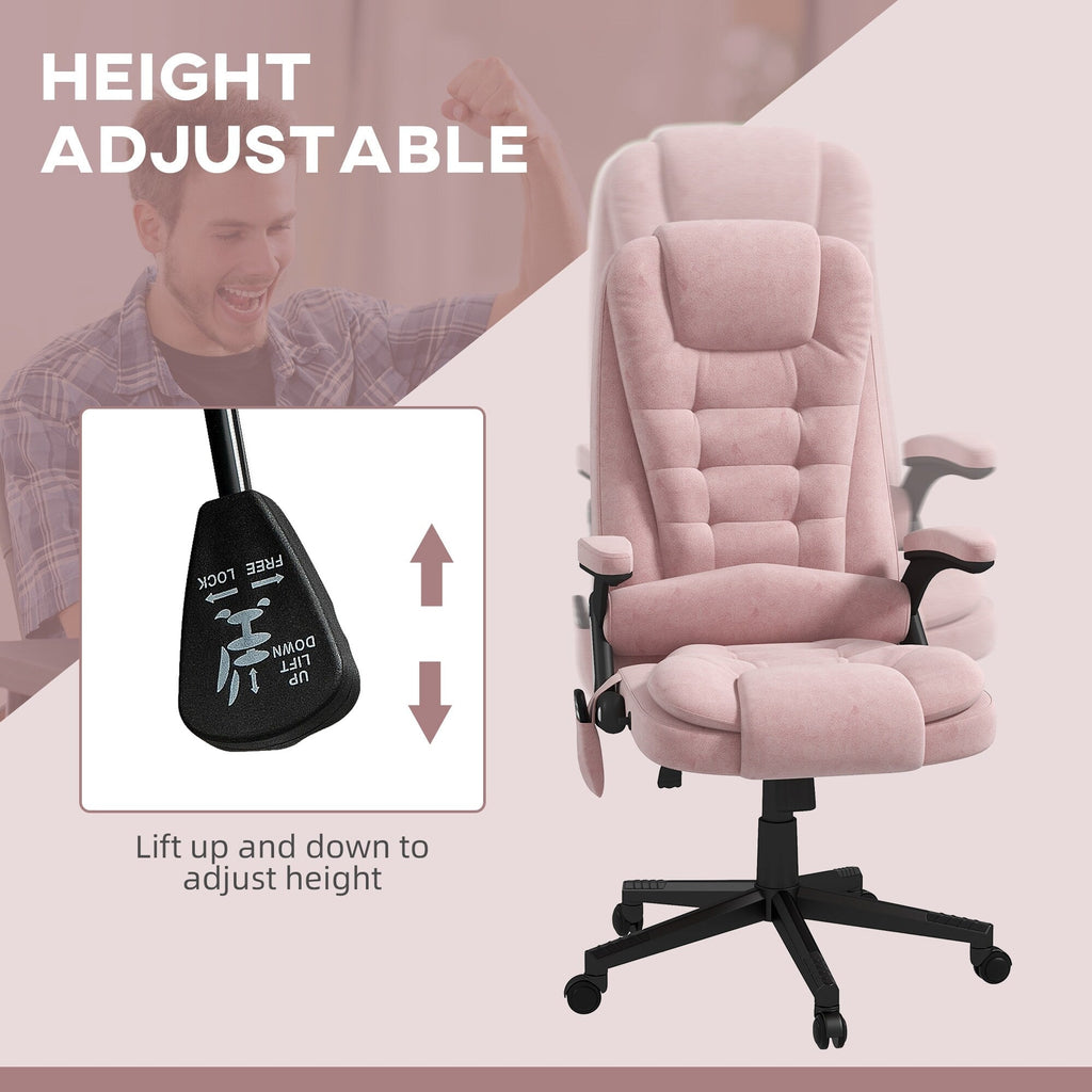 Fauteuil de bureau inclinable pivotant à 360° en velours rose avec massage par vibrations, chauffage lombaire et hauteur réglable
