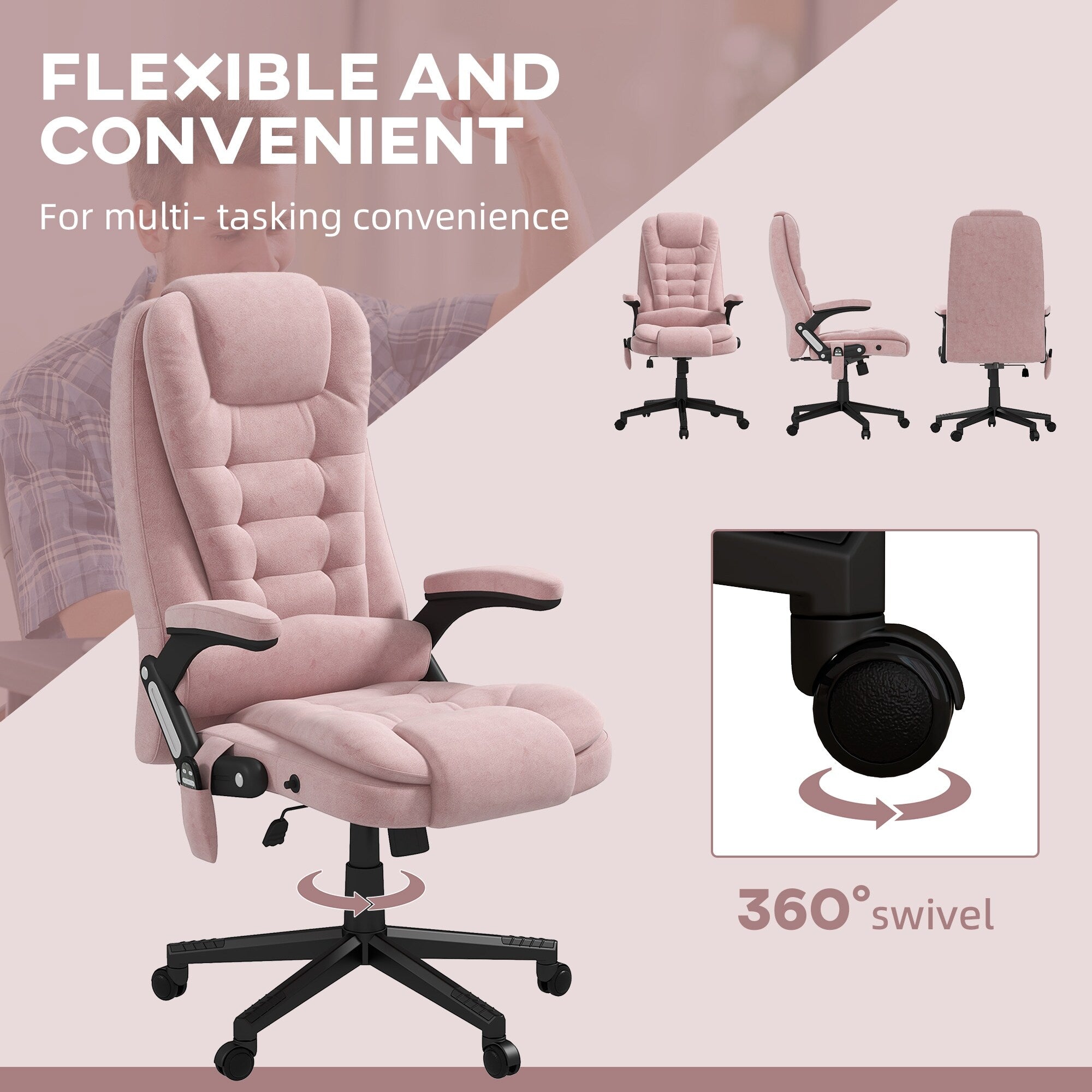Fauteuil de bureau inclinable pivotant à 360° en velours rose avec massage par vibrations, chauffage lombaire et hauteur réglable