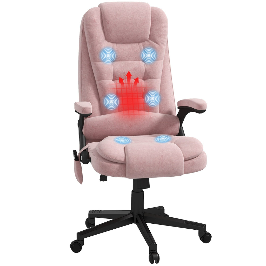 Fauteuil de bureau inclinable pivotant à 360° en velours rose avec massage par vibrations, chauffage lombaire et hauteur réglable