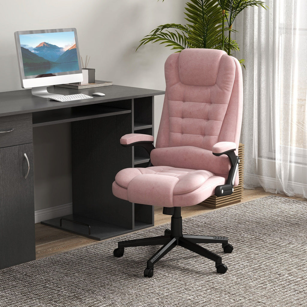Fauteuil de bureau inclinable pivotant à 360° en velours rose avec massage par vibrations, chauffage lombaire et hauteur réglable