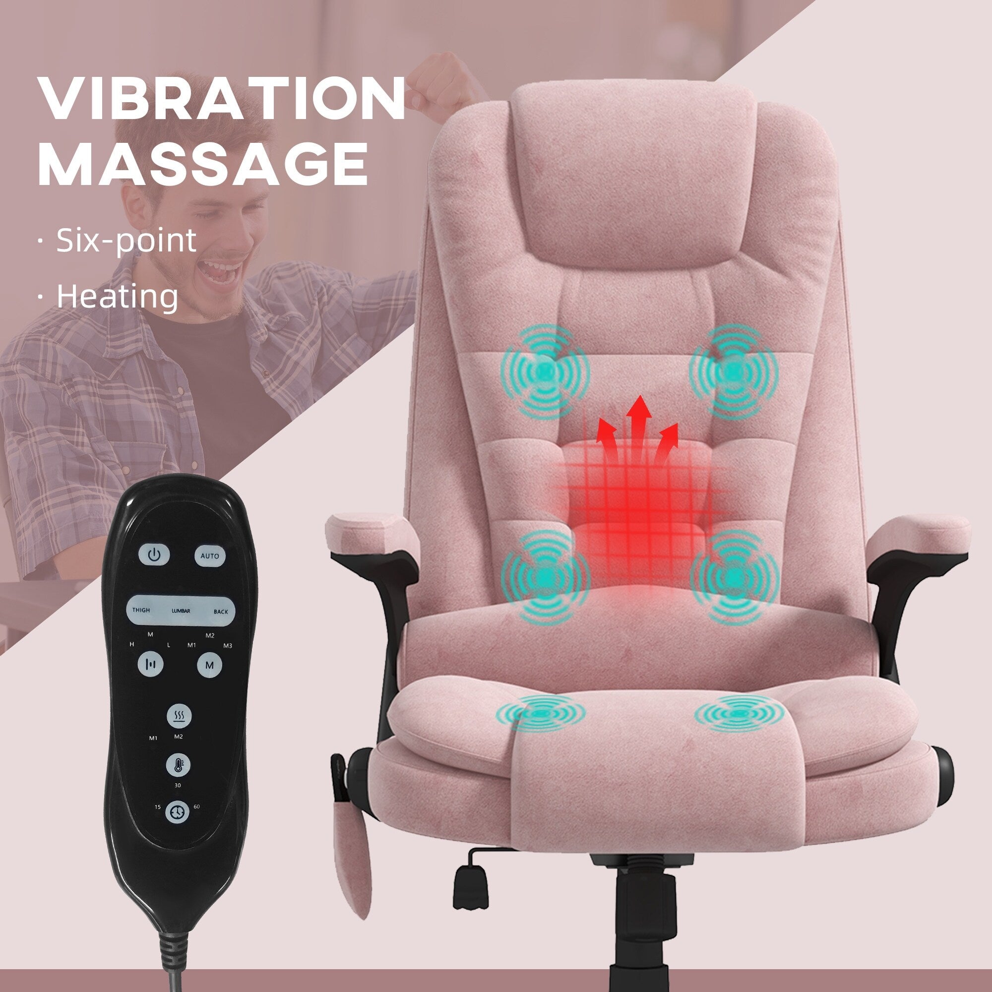 Fauteuil de bureau inclinable pivotant à 360° en velours rose avec massage par vibrations, chauffage lombaire et hauteur réglable