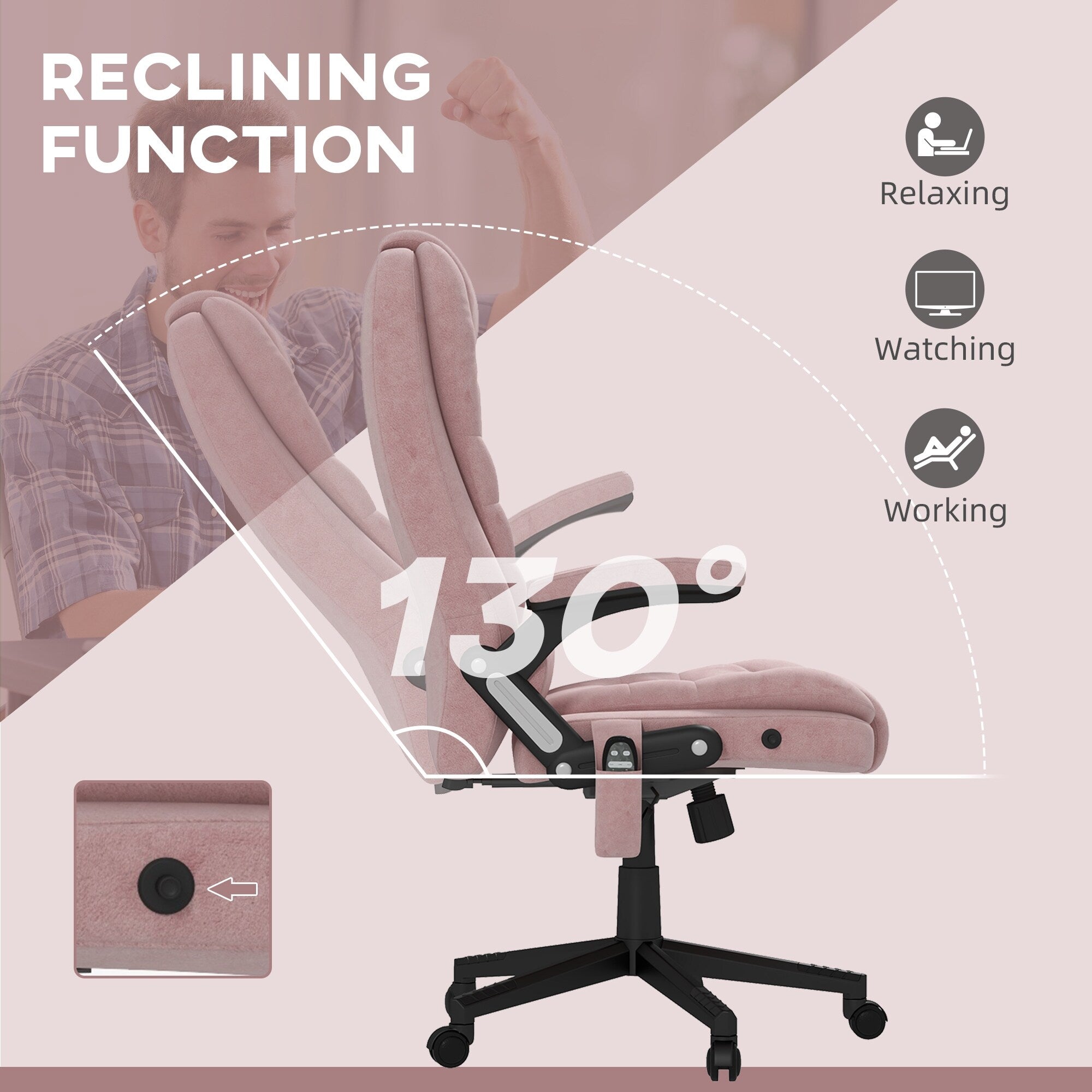Fauteuil de bureau inclinable pivotant à 360° en velours rose avec massage par vibrations, chauffage lombaire et hauteur réglable