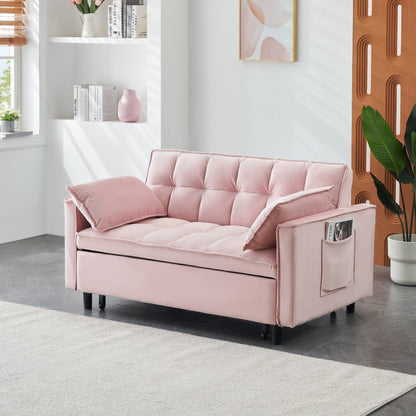Canapé-lit convertible en velours rose avec dossier et oreillers