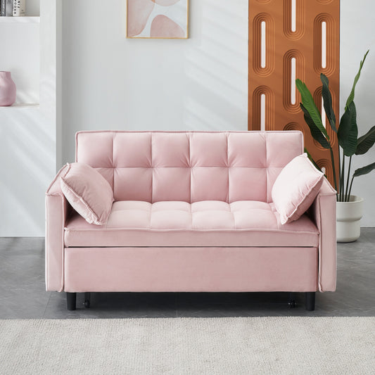 Canapé-lit convertible en velours rose avec dossier et oreillers