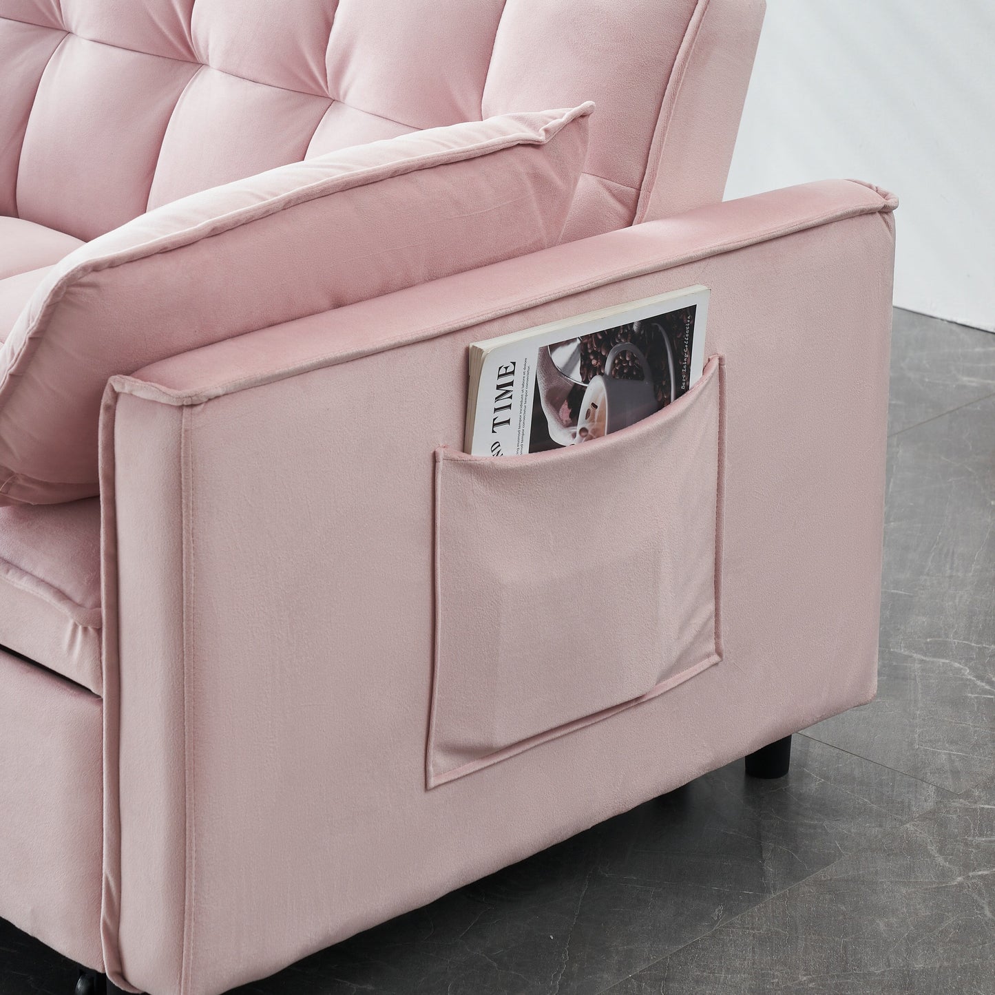 Canapé-lit convertible en velours rose avec dossier et oreillers